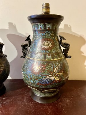 Japanese Meijj Bronze and Cloisonne Enamel Vases, Set of 2-WRQ-1742569