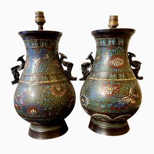 Japanese Meijj Bronze and Cloisonne Enamel Vases, Set of 2-WRQ-1742569