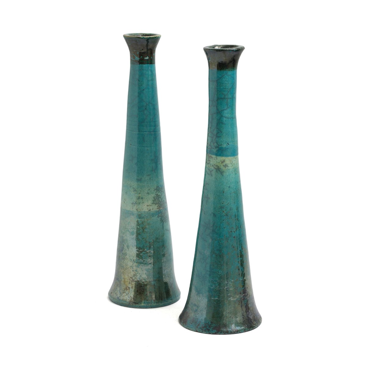 Japanese Modern Black Green Tamu Raku Ceramic Candle Holders by Laab Milano, Set of 2