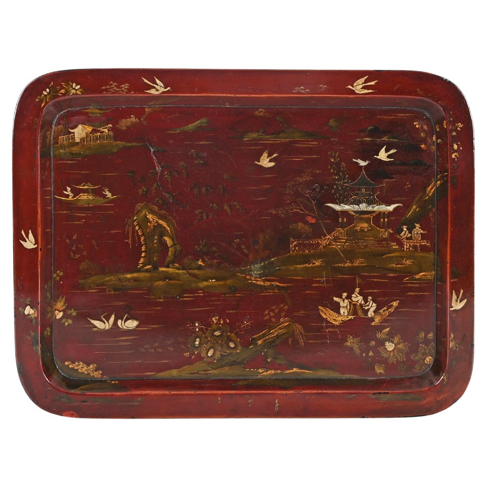 Japanese Papier Mache Hand Painted Burgundy Tray, Japan, 1890s