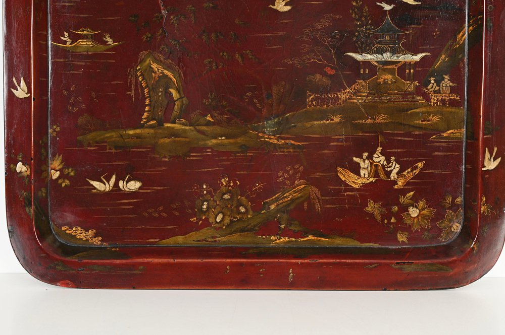 Japanese Papier Mache Hand Painted Burgundy Tray, Japan, 1890s