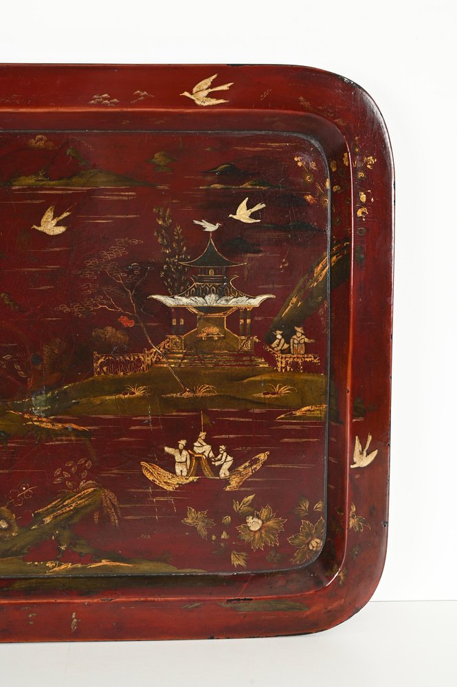 Japanese Papier Mache Hand Painted Burgundy Tray, Japan, 1890s