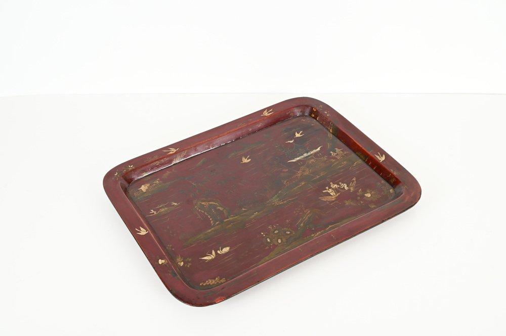 Japanese Papier Mache Hand Painted Burgundy Tray, Japan, 1890s