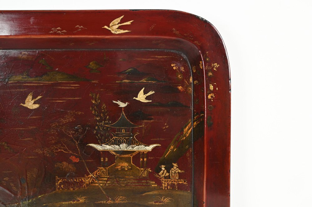 Japanese Papier Mache Hand Painted Burgundy Tray, Japan, 1890s