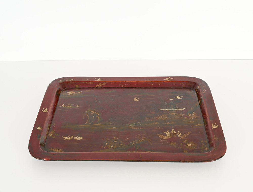 Japanese Papier Mache Hand Painted Burgundy Tray, Japan, 1890s