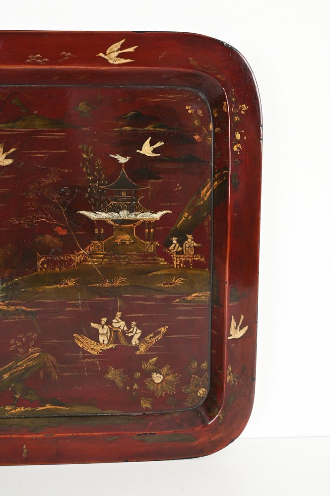 Japanese Papier Mache Hand Painted Burgundy Tray, Japan, 1890s