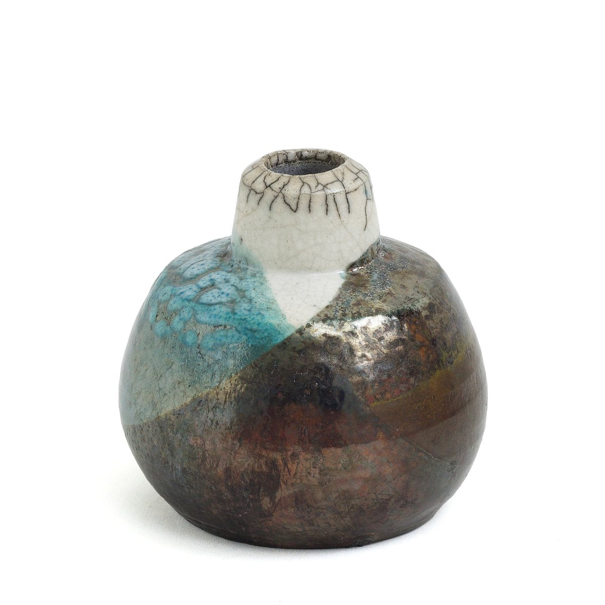 Japanese Raku Black White Blue Crackle Metal Ceramic Modern Akuma No Me Vase by Laab Milano, Set of 2