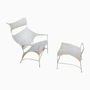 Japanese Rattan Armchair with Footstool, Set of 2-QDP-1397209