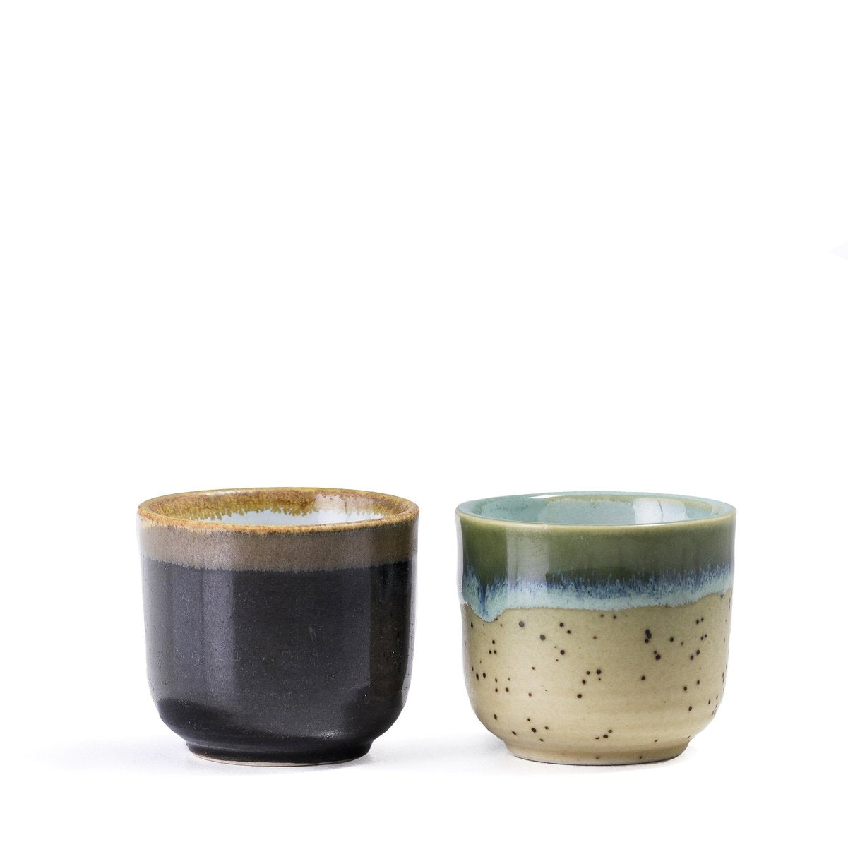 Japanese Sake Tea Cups in Green & Gold Raku Ceramic from Laab Milano, Set of 2