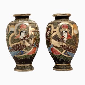 Japanese Satsuma Vases in Polychrome Painted Ceramic, 1920s, Set of 2-LA-1763619