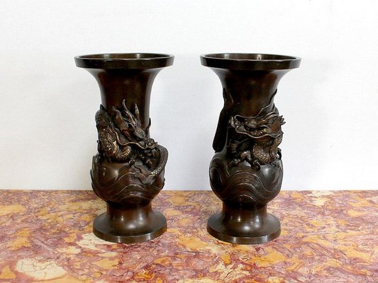 Japanese Vases in Patinated Bronze, 1900s, Set of 2-RVK-1004451