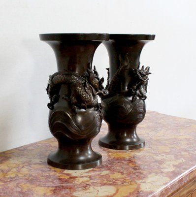 Japanese Vases in Patinated Bronze, 1900s, Set of 2-RVK-1004451