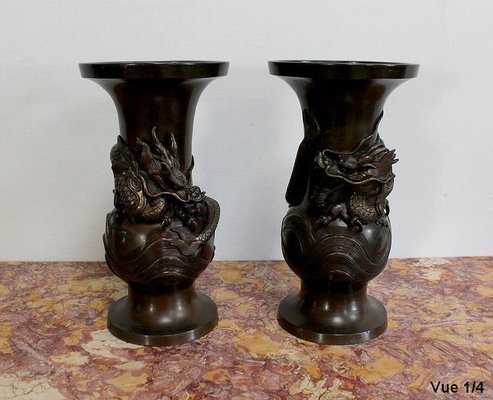 Japanese Vases in Patinated Bronze, 1900s, Set of 2-RVK-1004451