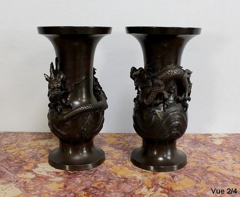 Japanese Vases in Patinated Bronze, 1900s, Set of 2-RVK-1004451