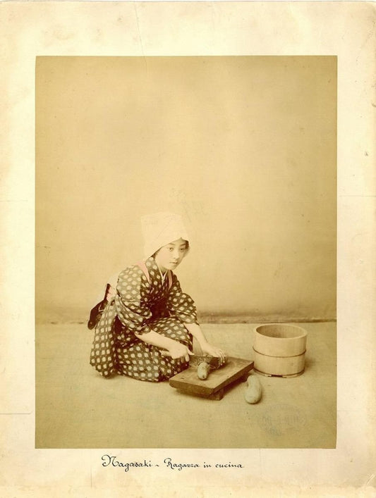 Japanese Woman Cooking by Shin E Do - Hand-Colored Albumen Print 1870/1890 1870/1890