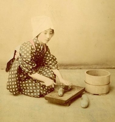 Japanese Woman Cooking by Shin E Do - Hand-Colored Albumen Print 1870/1890 1870/1890-ZCI-757118