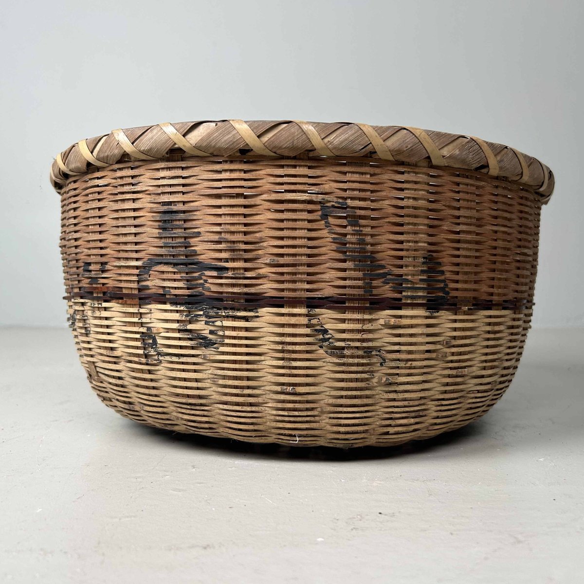 Japanese Woven Bamboo Basket with Calligraphy, 1950s