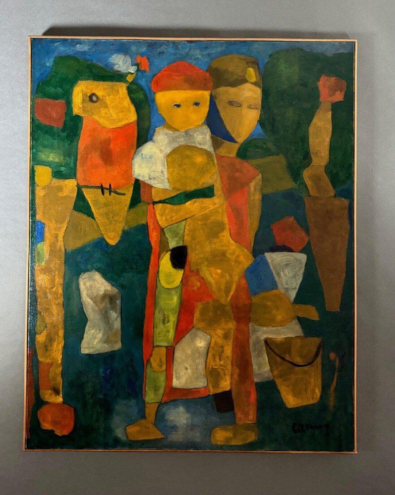 Jean Billecocq, Modern Composition with Characters, Oil on Canvas