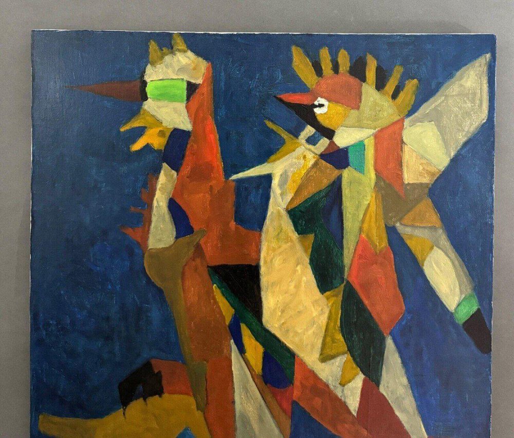 Jean Billecocq, Modern Composition with Roosters, 1960s, Oil on Canvas