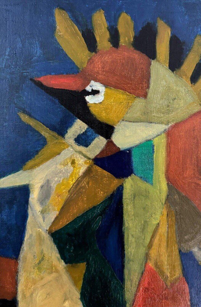 Jean Billecocq, Modern Composition with Roosters, 1960s, Oil on Canvas