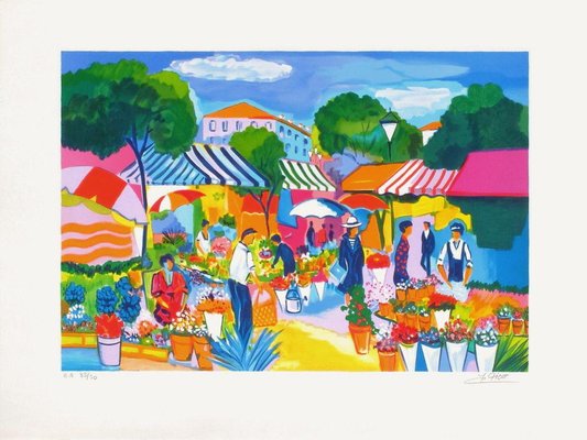 Jean Claude Picot, French Riviera: Nice, marché aux fleurs, Lithograph-FMZ-1135664