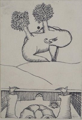 Jean-Claude Silbermann, Sneaky Signs: Surrealist Landscape with Hedgehog, Original Ink Drawing-KHH-2039340