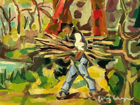 Jean Georges Chape, Peasant with Fagot in Autumn, 20th Century, Oil on Canvas-QKG-1330432