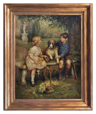 Jean Philipe Moreno, Children With Dog, English School, 2002, Oil on Canvas, Framed-YUW-1317066