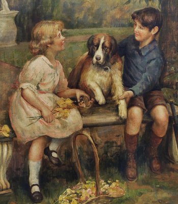 Jean Philipe Moreno, Children With Dog, English School, 2002, Oil on Canvas, Framed-YUW-1317066