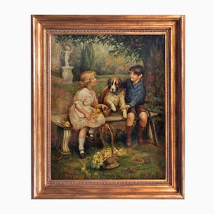 Jean Philipe Moreno, Children With Dog, English School, 2002, Oil on Canvas, Framed-YUW-1317066