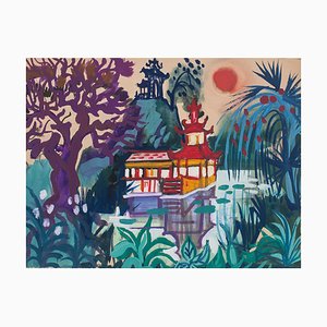 Jean,Raymond Delpech , Tropical Landscape , Original Watercolor Drawing by Jean Delpech , 1960s-ZCI-801203