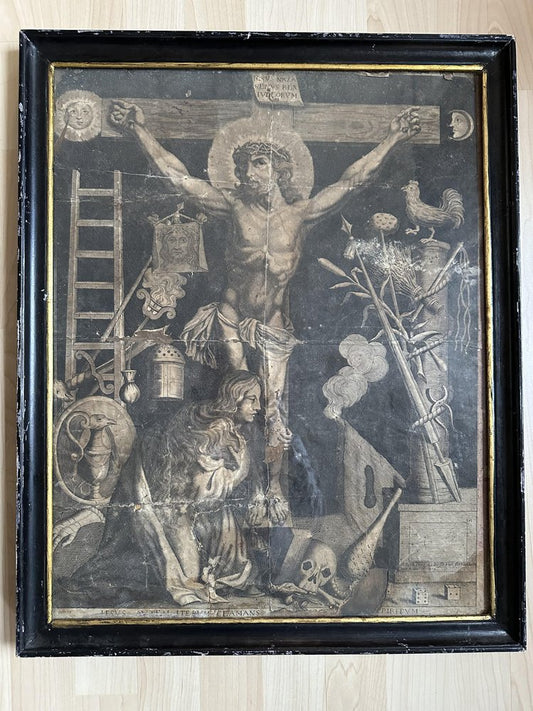 Jesus on the Cross with Vanitas Symbols, 1750, Copper Engraving