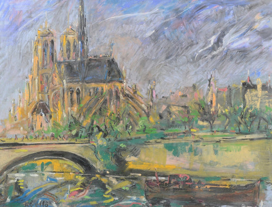 Joan Abelló i Prat, Seine and Notre-Dame De Paris, 1960s, Pastel