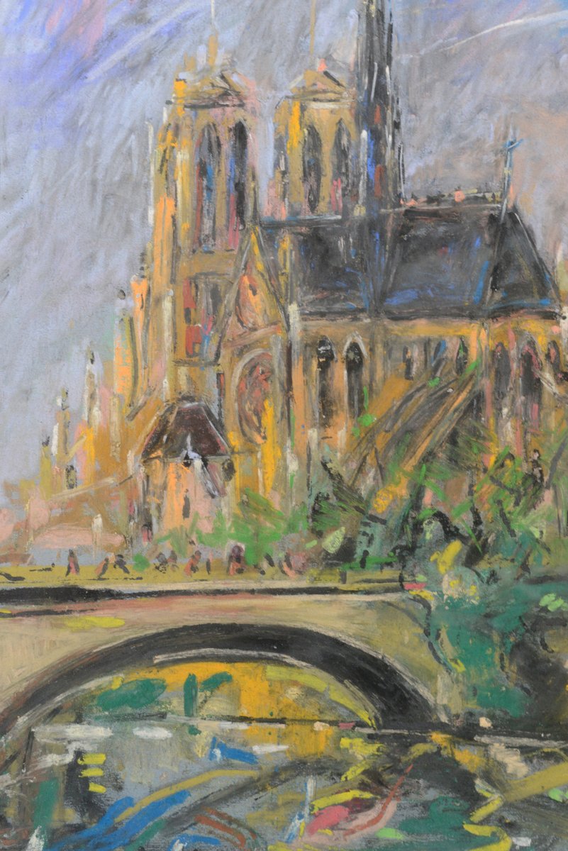 Joan Abelló i Prat, Seine and Notre-Dame De Paris, 1960s, Pastel