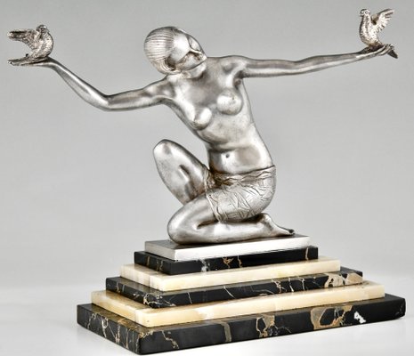 Joan Salvado Voltas, Art Deco Sculpture of Dancer with Birds, 1930, Bronze on Marble Base-KTN-1819239