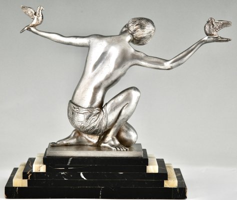 Joan Salvado Voltas, Art Deco Sculpture of Dancer with Birds, 1930, Bronze on Marble Base-KTN-1819239