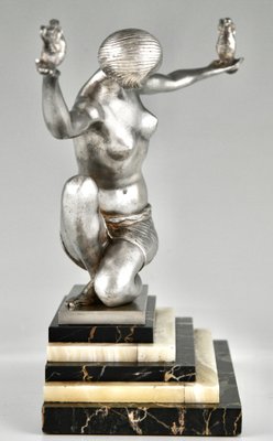 Joan Salvado Voltas, Art Deco Sculpture of Dancer with Birds, 1930, Bronze on Marble Base-KTN-1819239