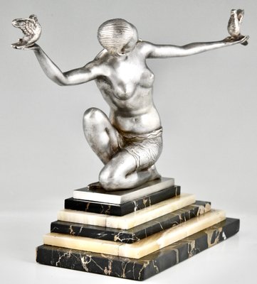 Joan Salvado Voltas, Art Deco Sculpture of Dancer with Birds, 1930, Bronze on Marble Base-KTN-1819239