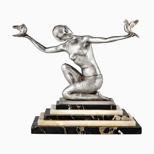 Joan Salvado Voltas, Art Deco Sculpture of Dancer with Birds, 1930, Bronze on Marble Base-KTN-1819239