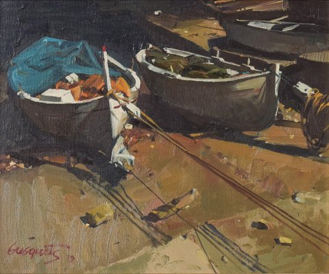 Joaquim Busquets Gruart, Post Impressionist Fishing Boats, 1979, Oil on Canvas, Framed-AOI-1115635