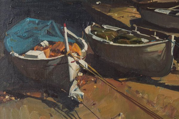 Joaquim Busquets Gruart, Post Impressionist Fishing Boats, 1979, Oil on Canvas, Framed-AOI-1115635