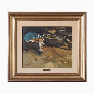 Joaquim Busquets Gruart, Post Impressionist Fishing Boats, 1979, Oil on Canvas, Framed-AOI-1115635