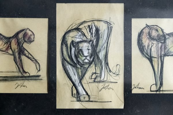 Johan Etiennette, Panther, Pastel Sketches on Paper, Framed-ZVH-1317685