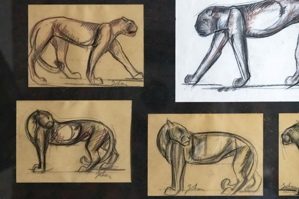 Johan Etiennette, Panther, Pastel Sketches on Paper, Framed-ZVH-1317685