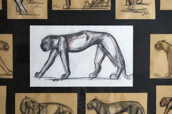 Johan Etiennette, Panther, Pastel Sketches on Paper, Framed-ZVH-1317685