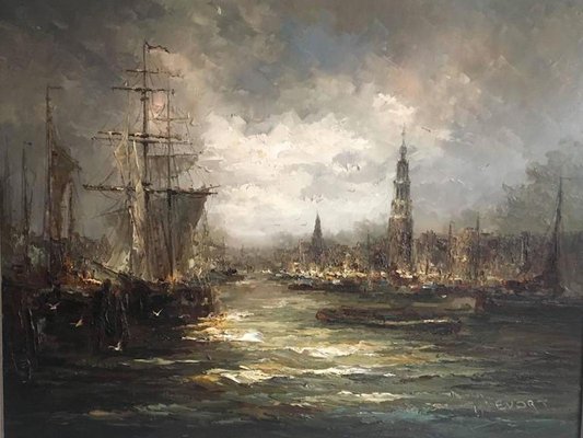 Johannes Bevort, Harbor Scene, 20th Century, Oil on Canvas-LL-1353125