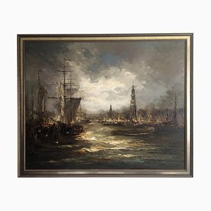 Johannes Bevort, Harbor Scene, 20th Century, Oil on Canvas-LL-1353125