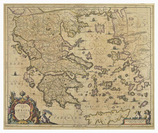 Johannes Janssonius, Antique Map of Greece, Etching, 1650s