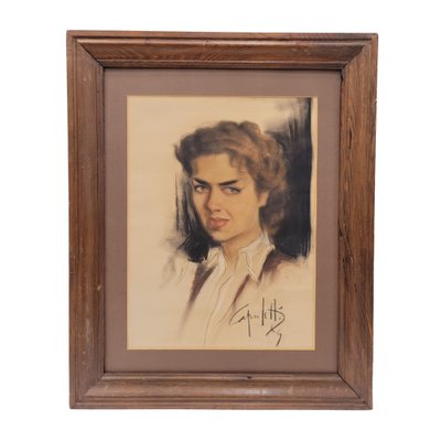 José Manuel Capuletti, Female Portrait, Charcoal and Pastel, 20th Century, Framed-NUC-1792916