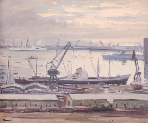 Jose Pomes Abella, Barcelona Port, 1975, Oil on Canvas, Framed-AOI-1106687